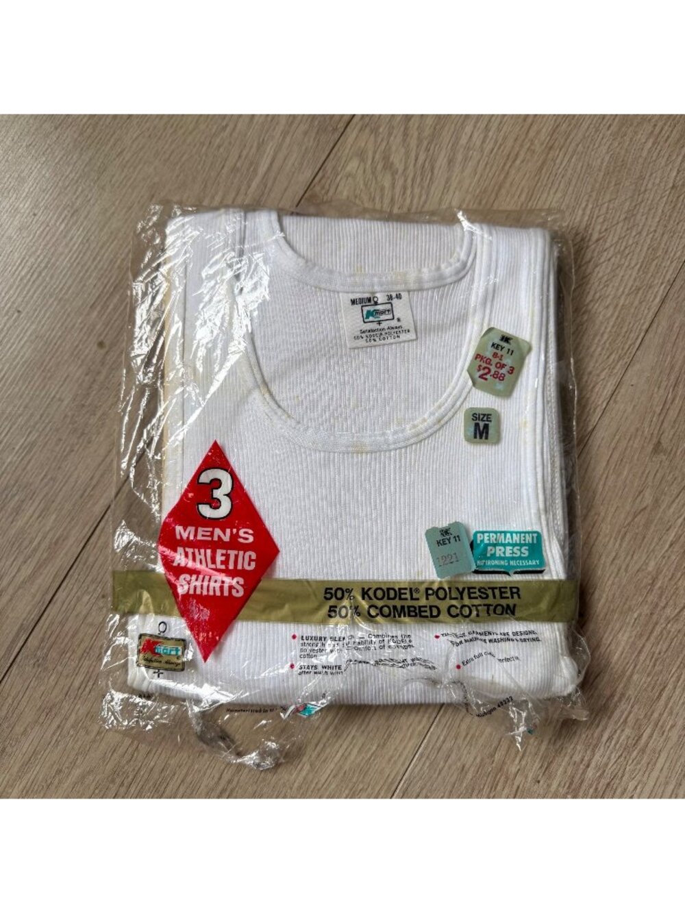 VTG Kmart Key 11 Men's White Wife Beater Tank Tops 2-PACK *Stains* Sz M